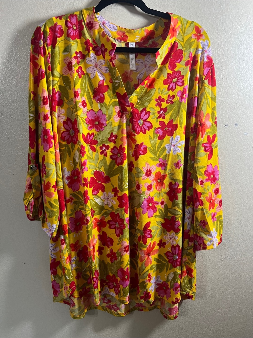 Bright Yellow Floral V-Neck Tunic with Pink Accents